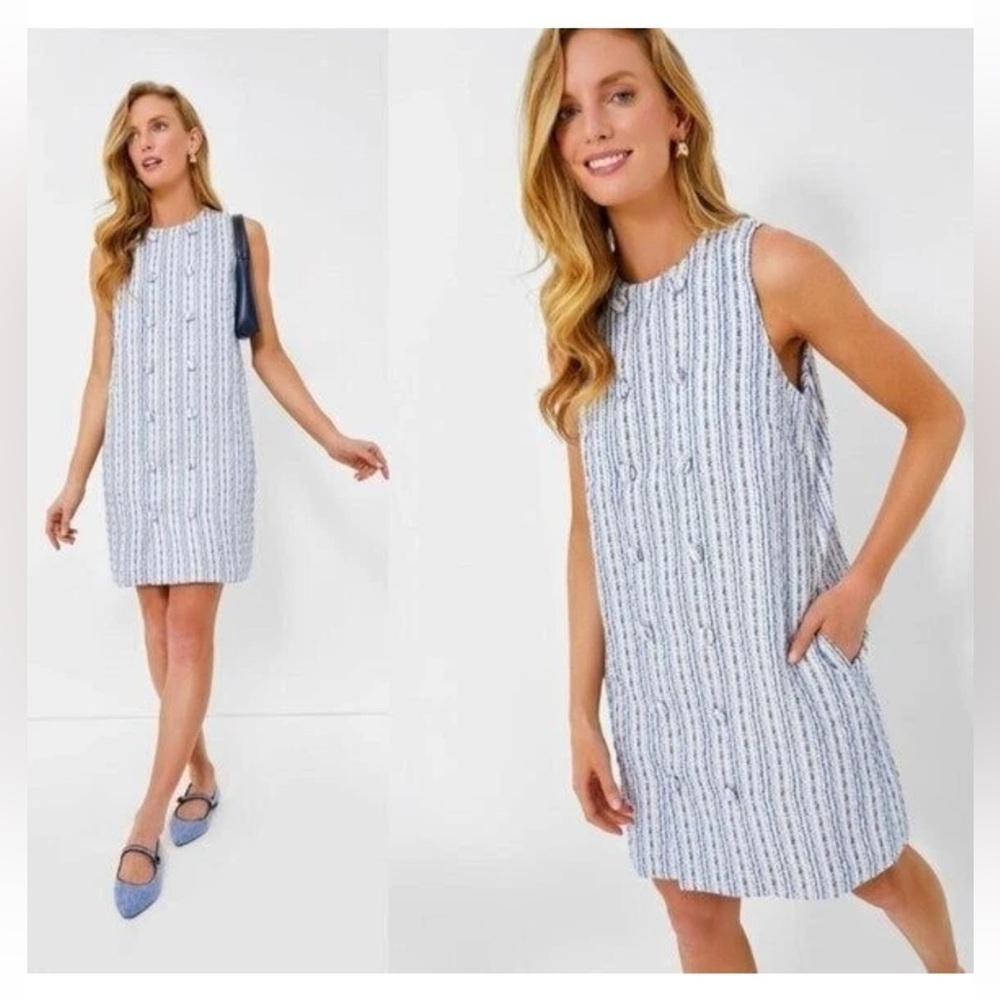 NWT Pomander Place Bianca Tweed Shift Dress Blue Cream Size S Tuckernuck - Picture 10 of 12